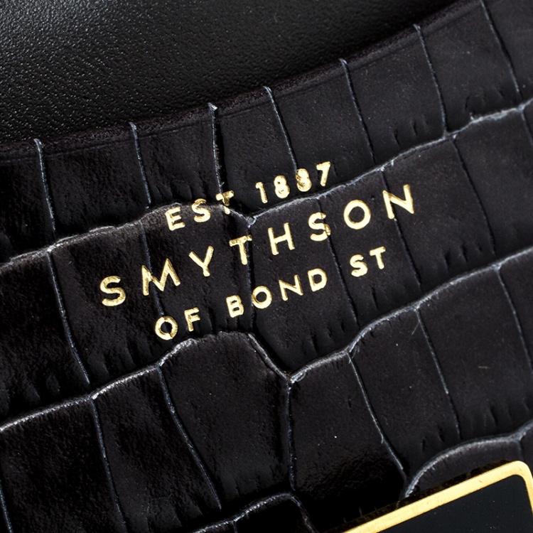 Pre Owned Smythson Dark Grey Croc Embossed Leather Card Holder