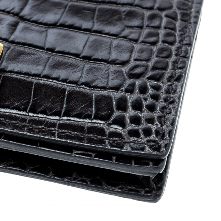 Pre Owned Smythson Dark Grey Croc Embossed Leather Card Holder
