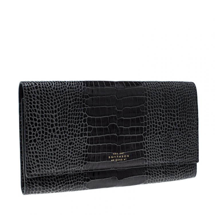 Pre Owned Smythson Dark Grey Croc Embossed Leather Travel Clutch