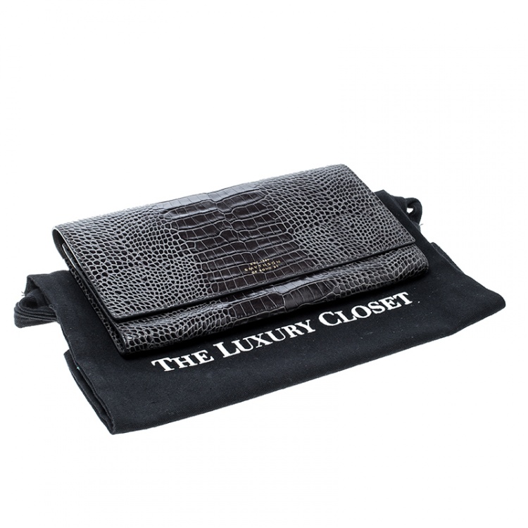 Pre Owned Smythson Dark Grey Croc Embossed Leather Travel Clutch