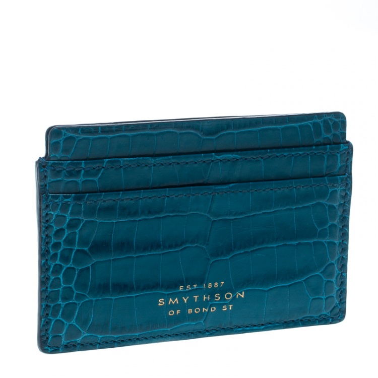 Pre Owned Smythson Blue Croc Embossed Leather Mara Card Holder 