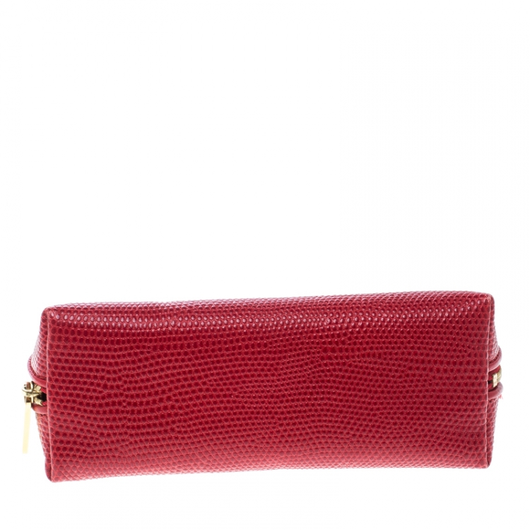 Pre Owned Smythson Red Embossed Leather Cosmetic Pouch
