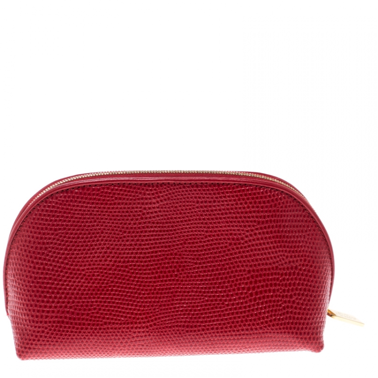 Pre Owned Smythson Red Embossed Leather Cosmetic Pouch