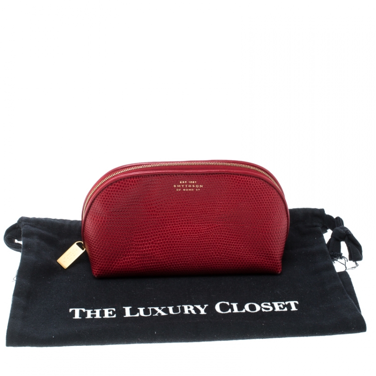 Pre Owned Smythson Red Embossed Leather Cosmetic Pouch