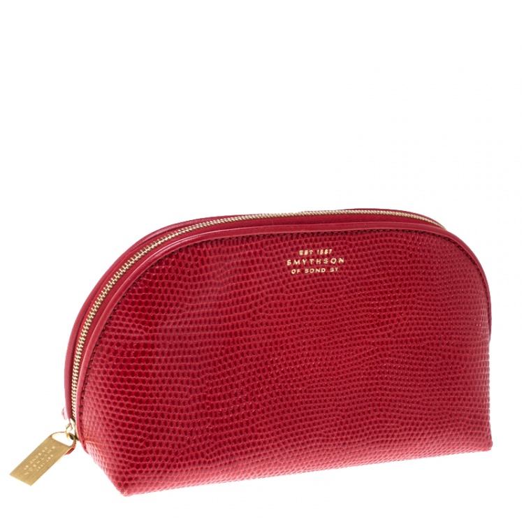Pre Owned Smythson Red Embossed Leather Cosmetic Pouch