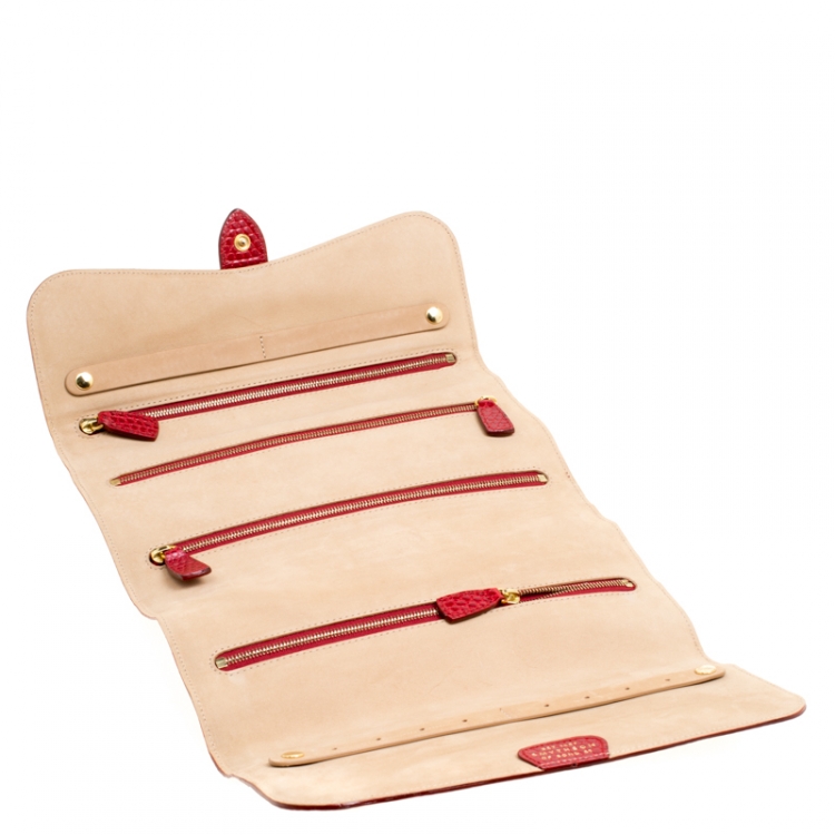 Pre Owned Smythson Red Lizard Embossed Leather Coin Organizer Clutch