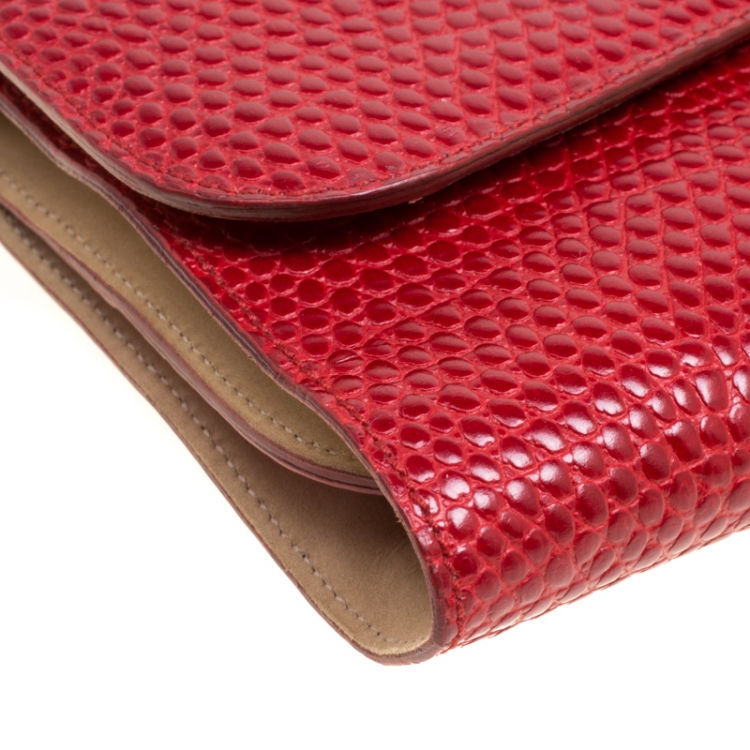 Pre Owned Smythson Red Lizard Embossed Leather Coin Organizer Clutch