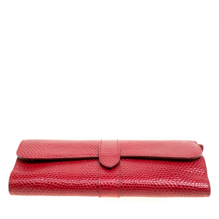 Pre Owned Smythson Red Lizard Embossed Leather Coin Organizer Clutch