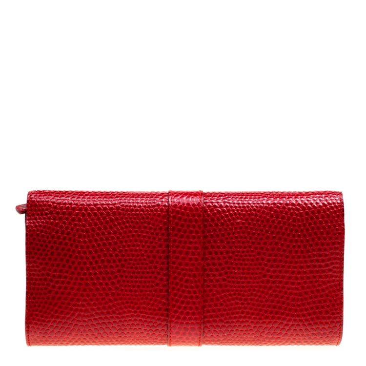 Pre Owned Smythson Red Lizard Embossed Leather Coin Organizer Clutch