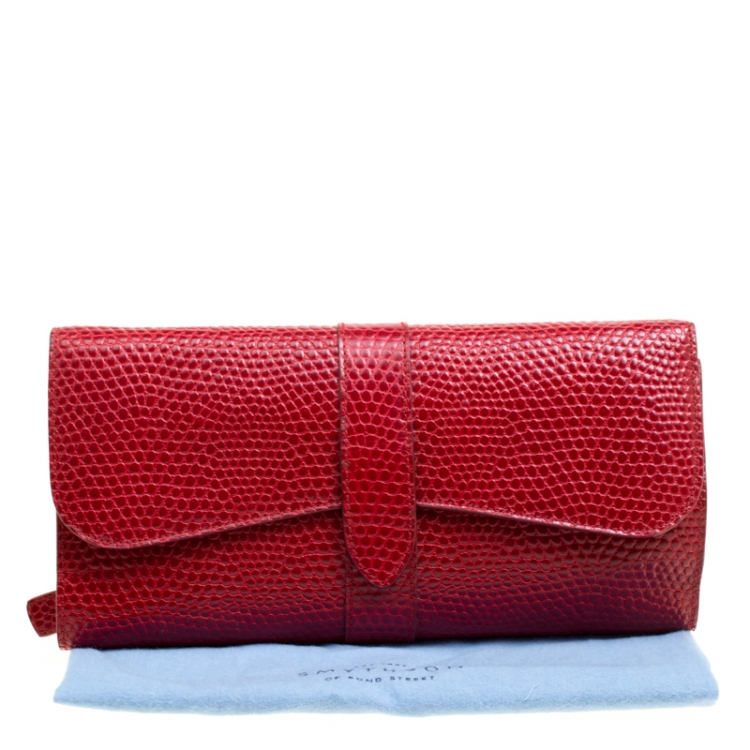 Pre Owned Smythson Red Lizard Embossed Leather Coin Organizer Clutch