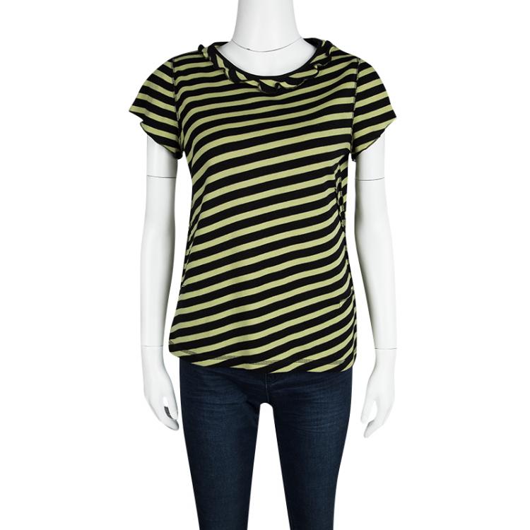 Pre Owned Sonia Rykiel Black and Yellow Striped Ruffle Detail Top M