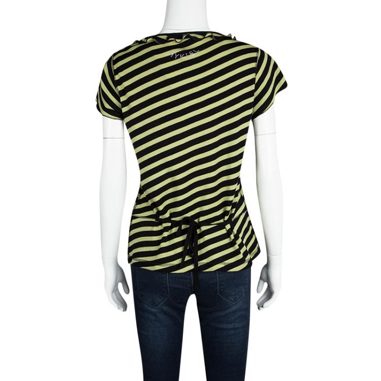 Pre Owned Sonia Rykiel Black and Yellow Striped Ruffle Detail Top M