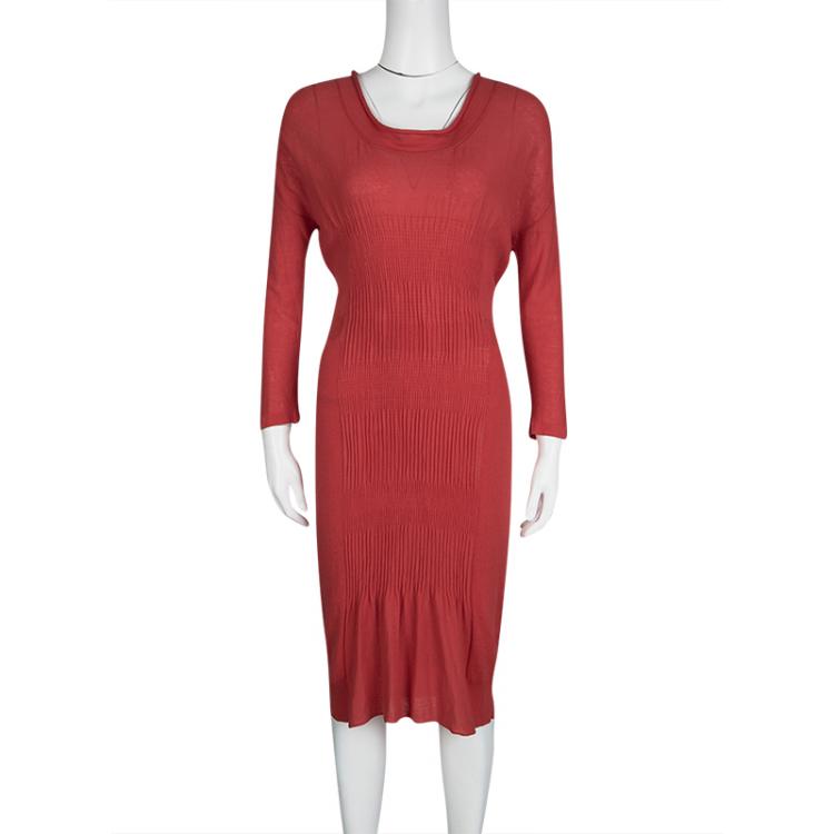 Pre Owned Sonia Rykiel Red Knit Waist Tie Detail Long Sleeve Midi Dress S