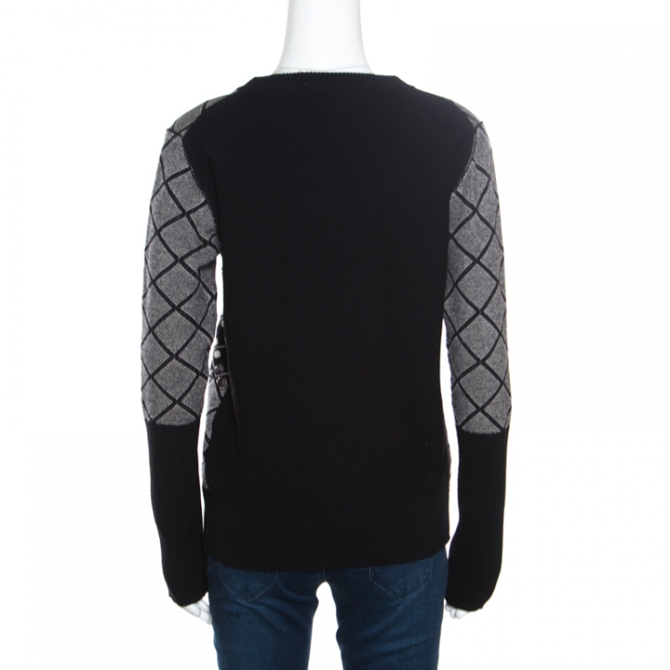 Pre Owned Sonia Rykiel Monochrome Diamond Pattern Wool Embellished Crew Neck Sweater L