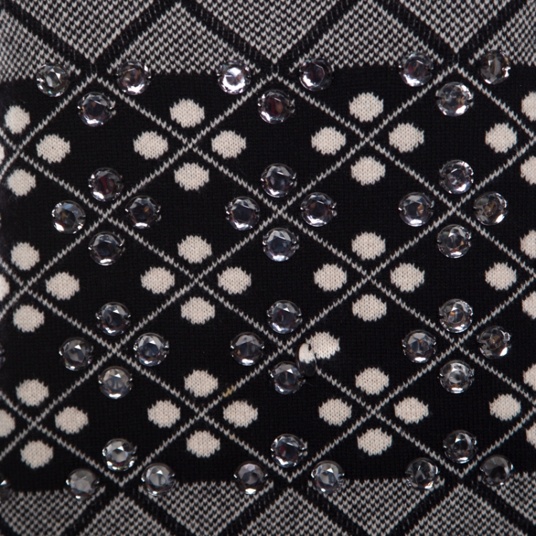 Pre Owned Sonia Rykiel Monochrome Diamond Pattern Wool Embellished Crew Neck Sweater L