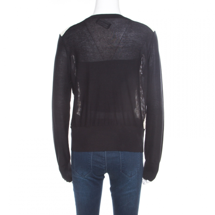 Pre Owned Sonia Rykiel Black Wool Blend Floral Lace Panel Cropped Cardigan L
