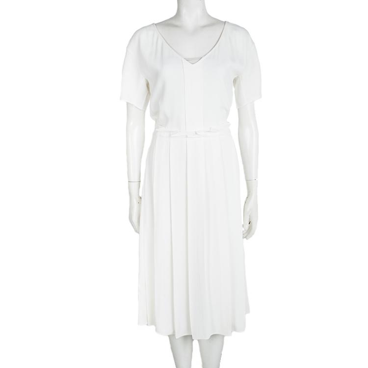 Pre Owned Sonia Rykiel Off White Pleated Tie Detail Short Sleeve Dress M