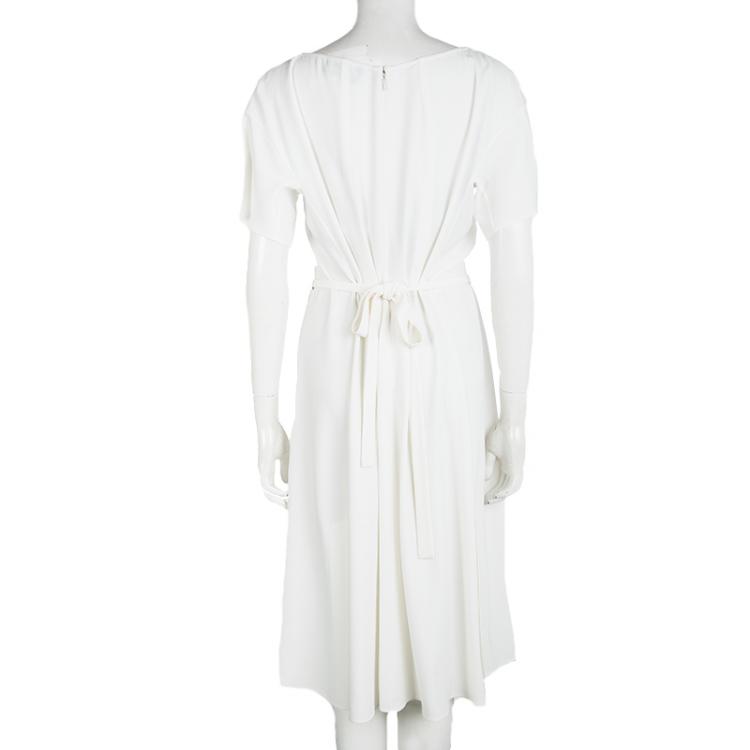 Pre Owned Sonia Rykiel Off White Pleated Tie Detail Short Sleeve Dress M