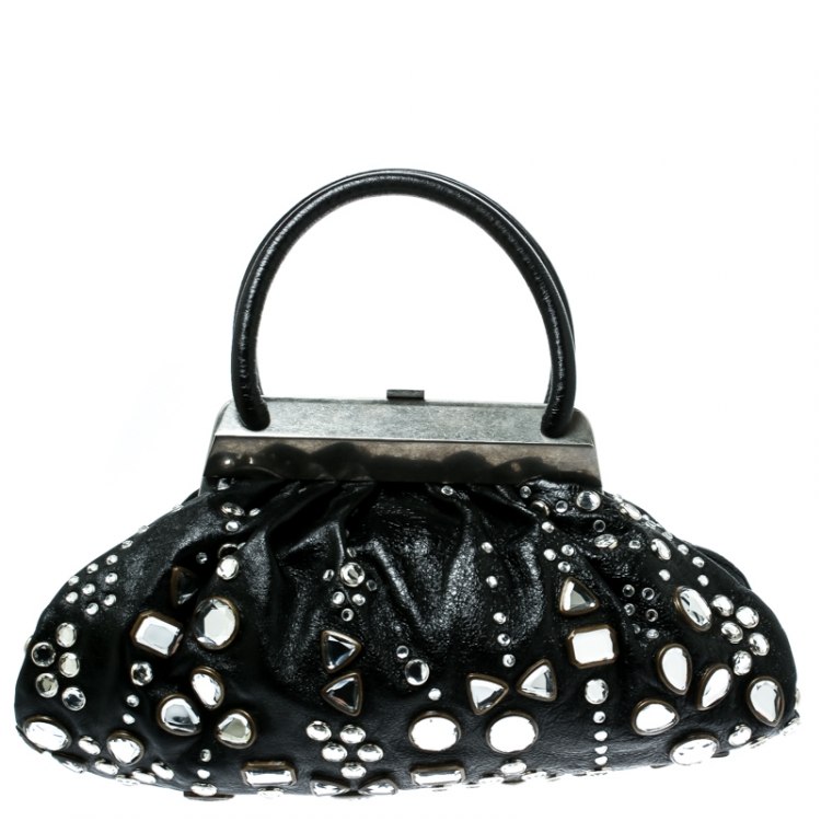 Pre Owned Sonia Rykiel Black Leather Studded Kisslock Frame Bag
