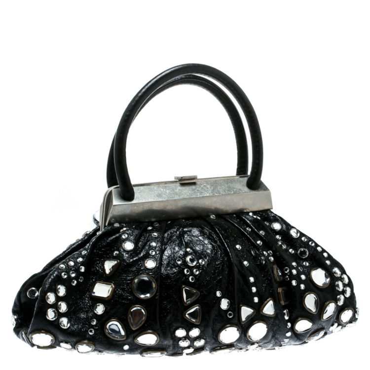 Pre Owned Sonia Rykiel Black Leather Studded Kisslock Frame Bag