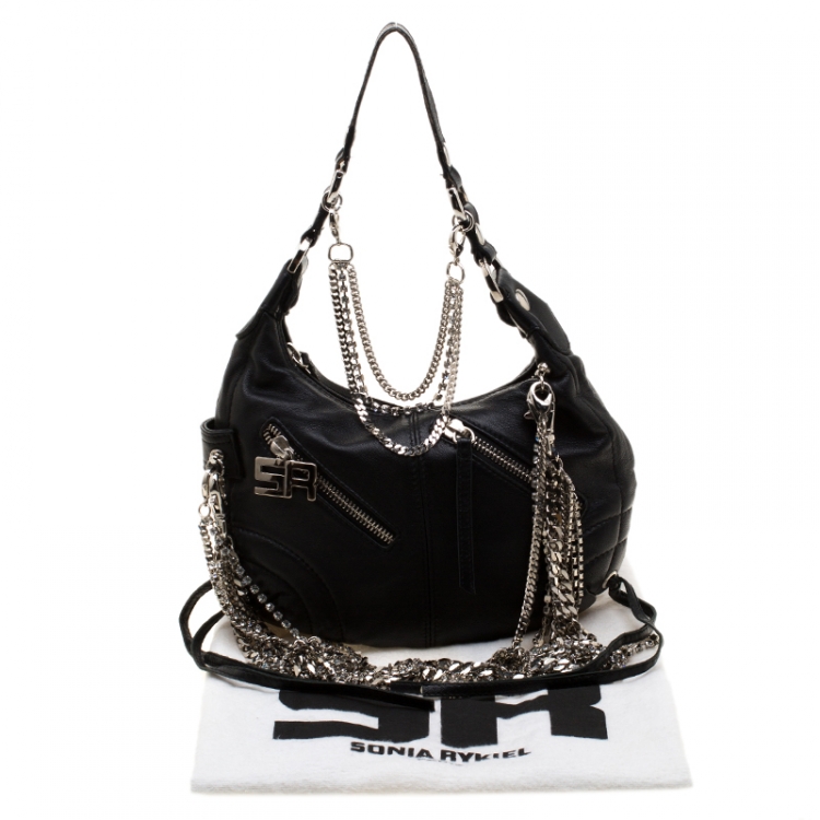Pre Owned Sonia Rykiel Black Leather Multichain Embellished Small Shoulder Bag