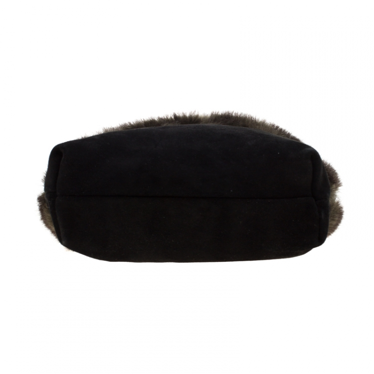Pre Owned Sonia Rykiel Black/Olive Green Fur and Suede Tote
