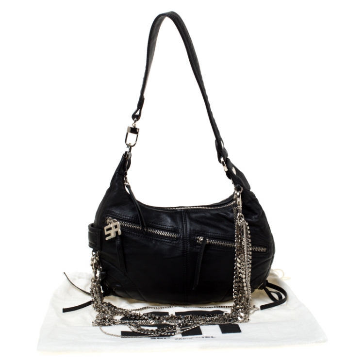 Pre Owned Sonia Rykiel Black Leather Multichain Embellished Small Shoulder Bag  