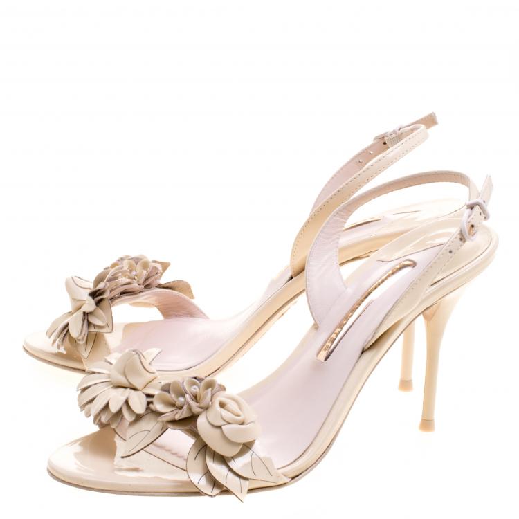 Pre Owned Sophia Webster Beige Patent Leather Lilico Floral Embellished Slingback Sandals Size 38