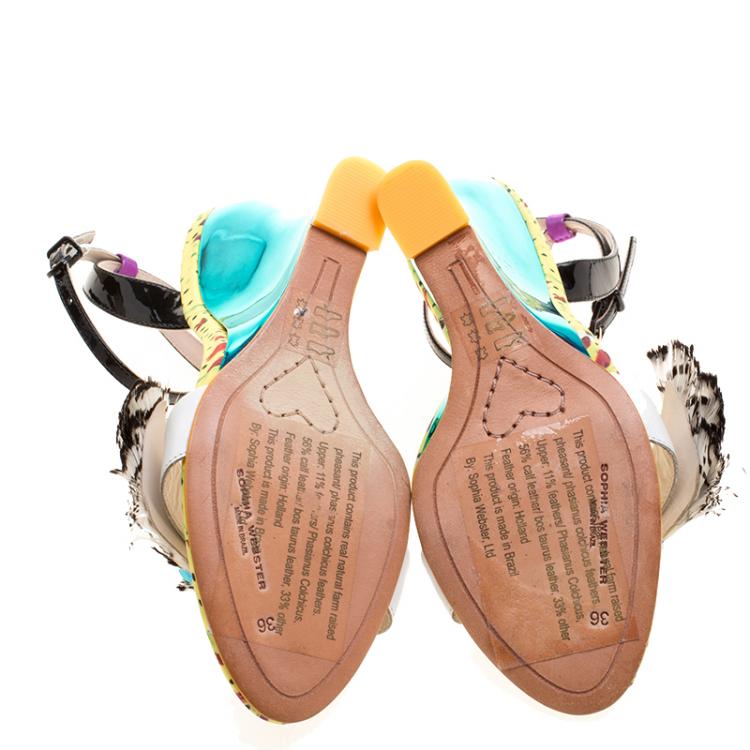 Pre Owned Sophia Webster Multicolor Leather Alyssa Feather Embellished Ankle Strap Wedge Sandals Size 36