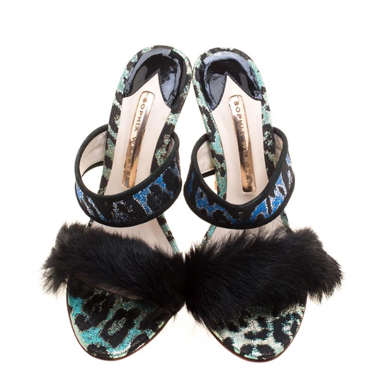 Pre Owned Sophia Webster Multicolor Leopard Woven Fabric Rabbit Fur Trim Skye Sandals Size 36