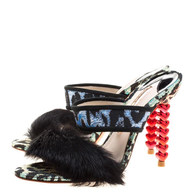 Pre Owned Sophia Webster Multicolor Leopard Woven Fabric Rabbit Fur Trim Skye Sandals Size 36