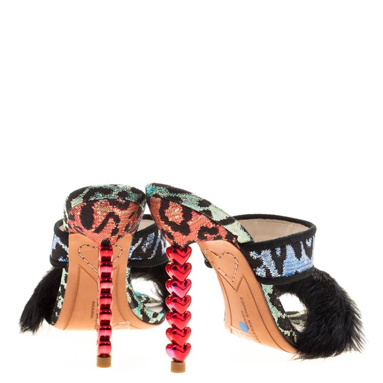 Pre Owned Sophia Webster Multicolor Leopard Woven Fabric Rabbit Fur Trim Skye Sandals Size 36