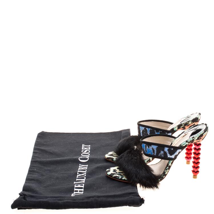 Pre Owned Sophia Webster Multicolor Leopard Woven Fabric Rabbit Fur Trim Skye Sandals Size 36