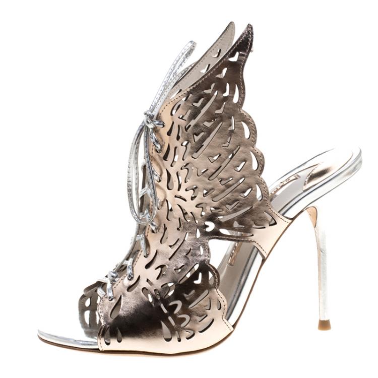 Pre Owned Sophia Webster Metallic Bronze Laser Cut Leather Cherub Winged Lace Up Peep Toe Mules Size 36