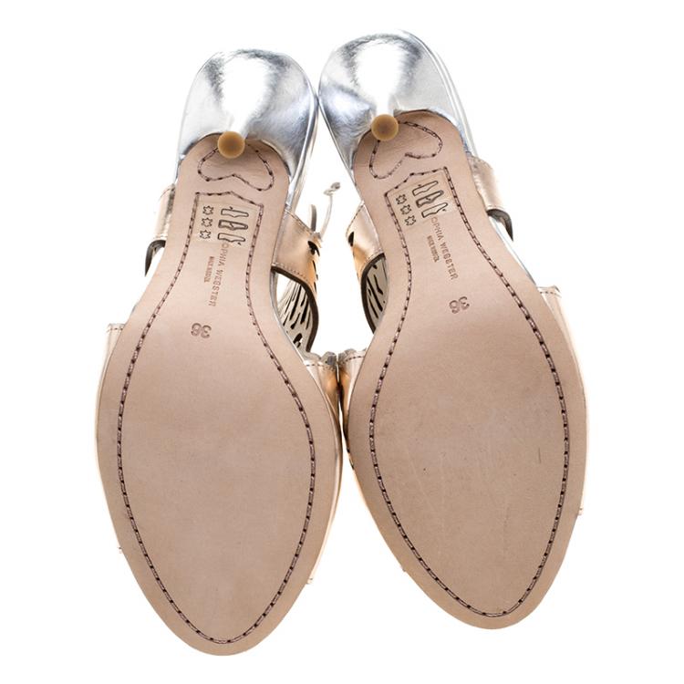 Pre Owned Sophia Webster Metallic Bronze Laser Cut Leather Cherub Winged Lace Up Peep Toe Mules Size 36