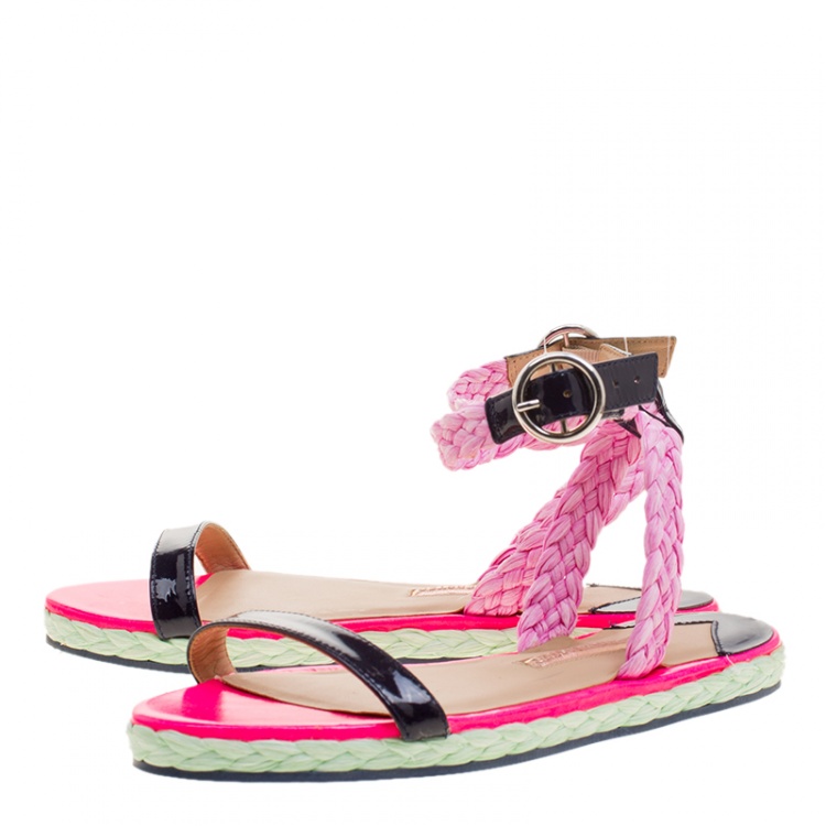 Pre Owned Sophia Webster Pink/Black Straw and Patent Leather Braided Ankle Strap Espadrilles Size 36
