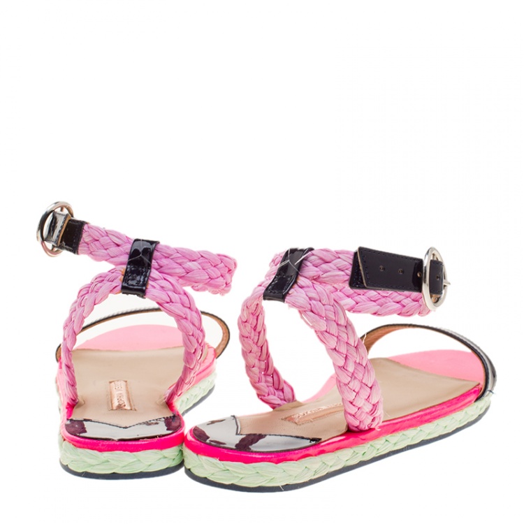 Pre Owned Sophia Webster Pink/Black Straw and Patent Leather Braided Ankle Strap Espadrilles Size 36