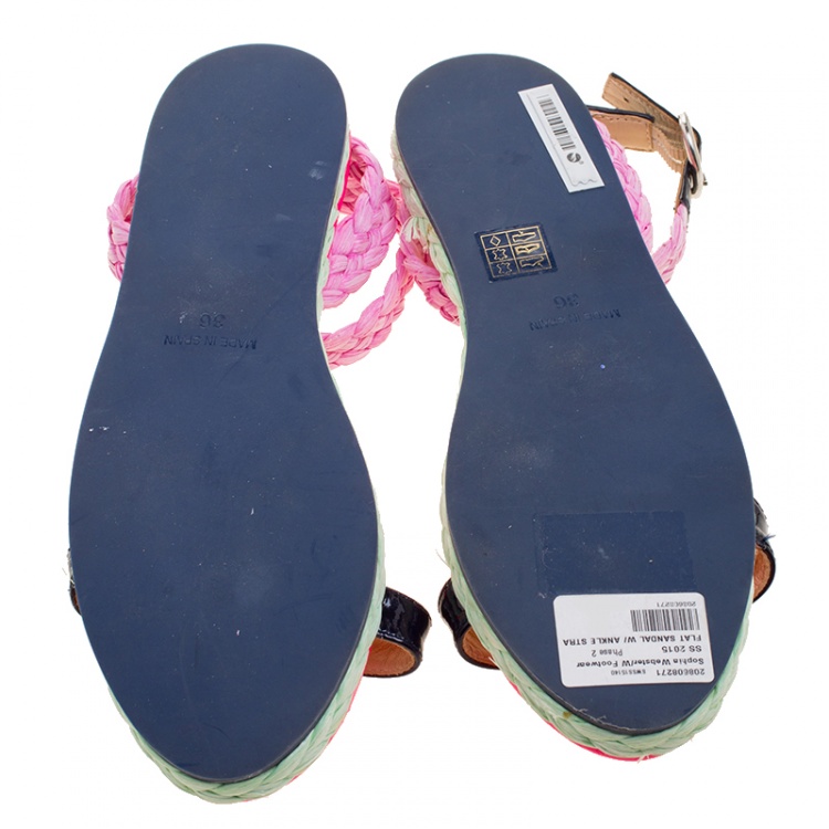 Pre Owned Sophia Webster Pink/Black Straw and Patent Leather Braided Ankle Strap Espadrilles Size 36