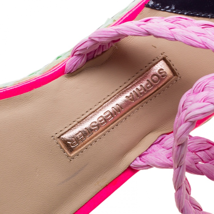 Pre Owned Sophia Webster Pink/Black Straw and Patent Leather Braided Ankle Strap Espadrilles Size 36