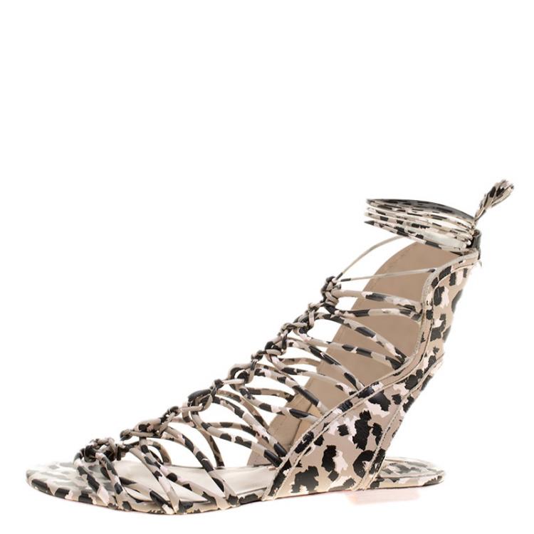 Pre Owned Sophia Webster Multicolor Camo Print Leather Gladiator Flat Sandals Size 36.5