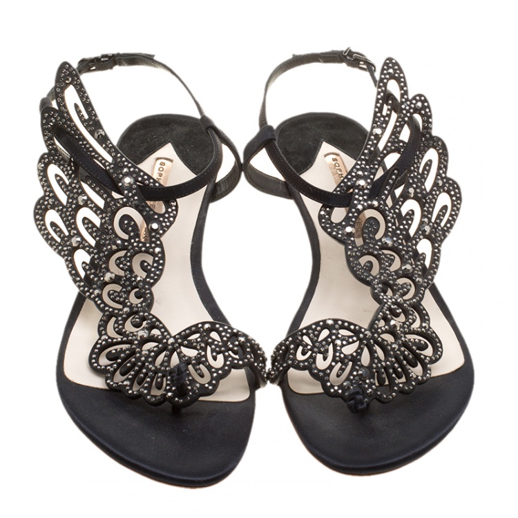 Pre Owned Sophia Webster Black Crystal Embellished Satin Seraphina Angel Wing Flats Size 41