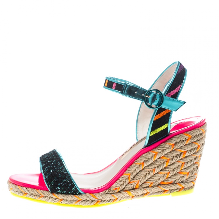 Pre Owned Sophia Webster Multicolor Stripe Canvas Lucita Espadrille Wedge Sandals Size 38.5