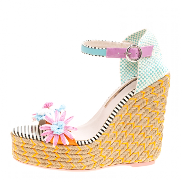 Pre Owned Sophia Webster Multicolor Leather Lucita Flower Embellished Espadrille Wedge Sandals Size 39