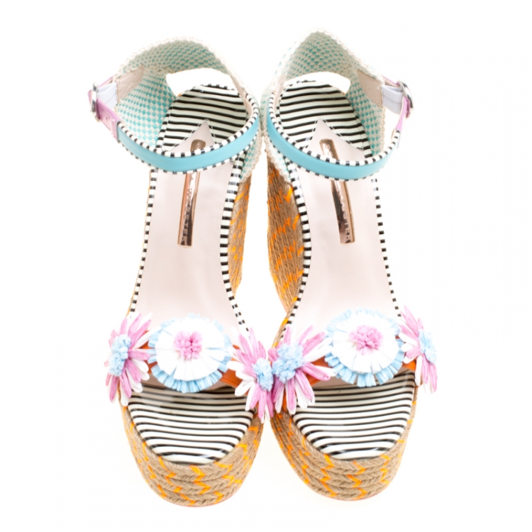 Pre Owned Sophia Webster Multicolor Leather Lucita Flower Embellished Espadrille Wedge Sandals Size 39