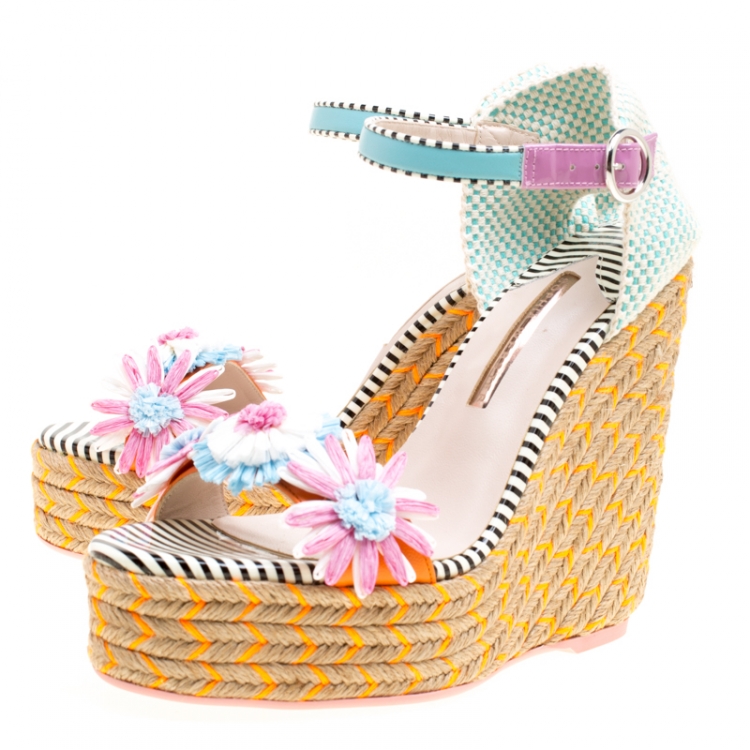 Pre Owned Sophia Webster Multicolor Leather Lucita Flower Embellished Espadrille Wedge Sandals Size 39