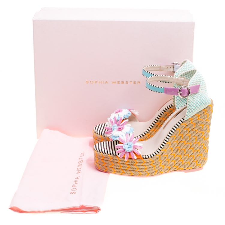 Pre Owned Sophia Webster Multicolor Leather Lucita Flower Embellished Espadrille Wedge Sandals Size 39