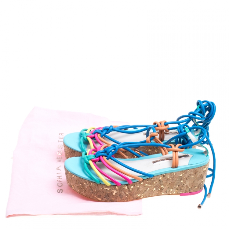 Pre Owned Sophia Webster Multicolor Leather Cord Copacabana Cork Platform Ankle Wrap Sandals Size 36.5
