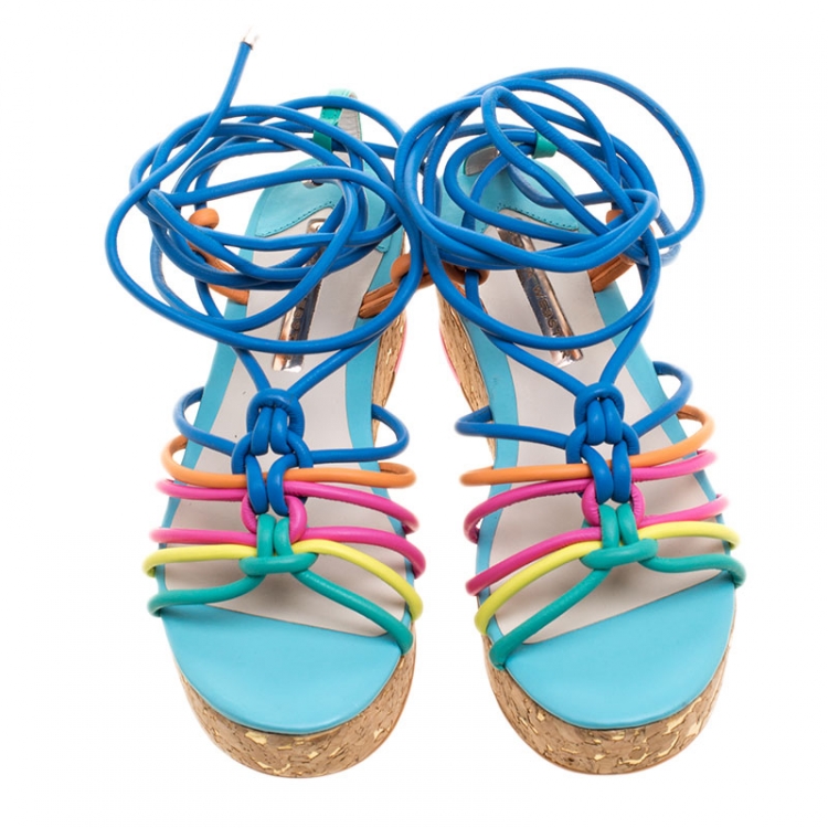 Pre Owned Sophia Webster Multicolor Leather Cord Copacabana Cork Platform Ankle Wrap Sandals Size 36.5