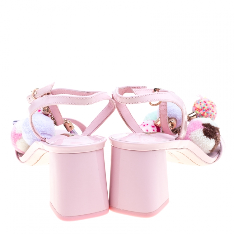 Pre Owned Sophia Webster Light Pink Patent Leather Jada T Strap Pom Pom Sandals Size 39