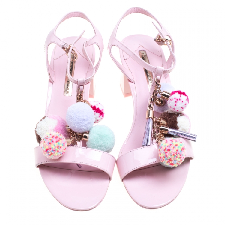 Pre Owned Sophia Webster Light Pink Patent Leather Jada T Strap Pom Pom Sandals Size 39